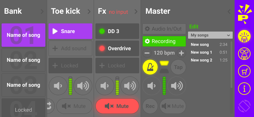 Stompai Studio recording settings and saved songs list